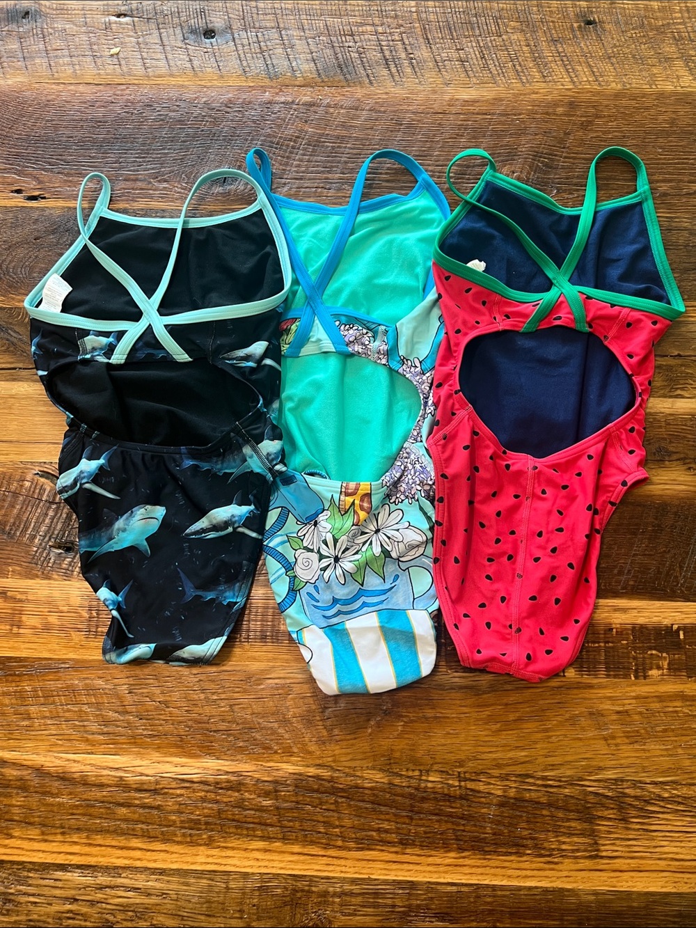 Kids One-Piece Swimsuit - Red Watermelon, Sharks, and Giraffe Prints - Picture 6 of 7
